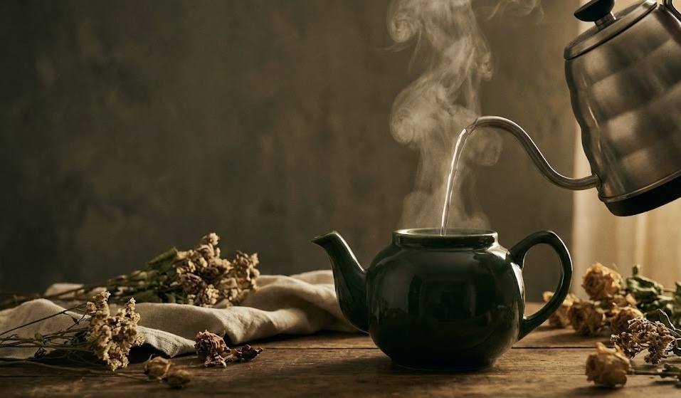 A still kettle pouring into a deep teapot beside dried herbs — the Al Attar tea ritual