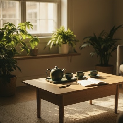 An evening tea ritual on a sunlit table with Al Attar